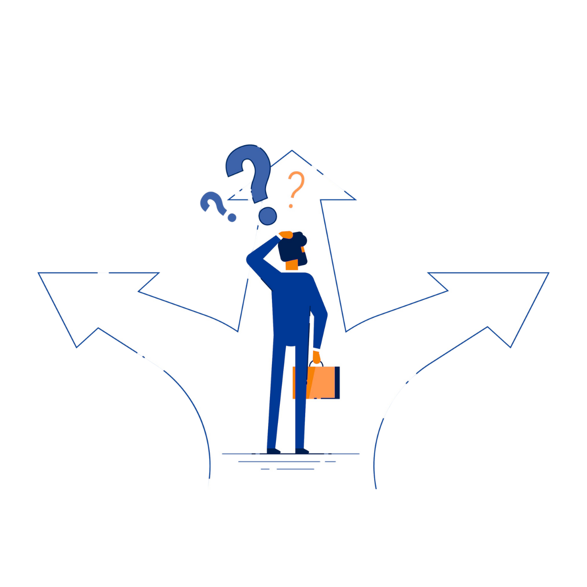 Illustration of person standing at a crossroads with question marks overhead.