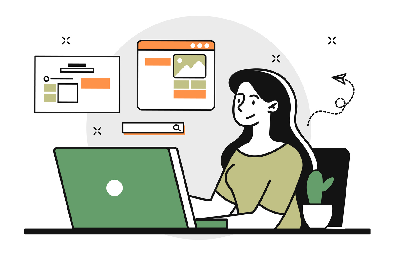 Woman sitting at her laptop and doing project. Creating website or application. Cartoon modern flat vector illustration isolated on white background